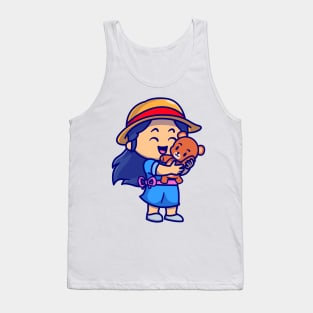 Cute Girl With Teddy Bear Doll Cartoon Tank Top